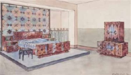 Scuola Italiana del XX secolo PROGETTO PER UNA CAMERA DA LETTO china e...