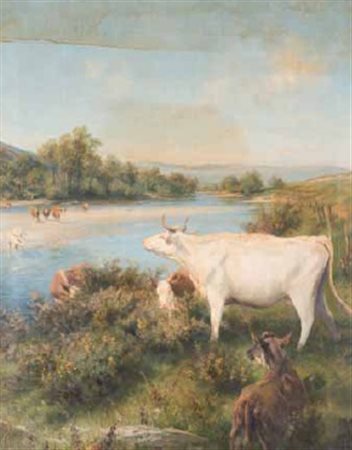 Scuola Italiana del XIX secolo AL PASCOLO olio su tela, cm 125x101.