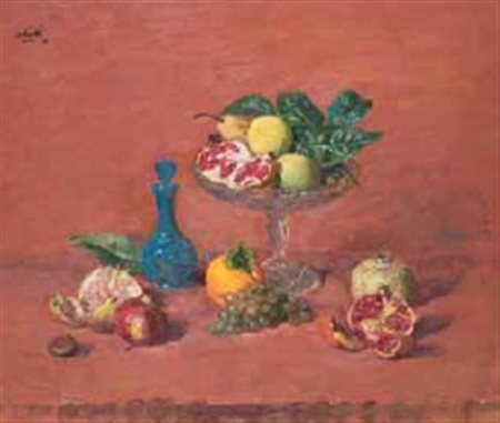 Alberto Salietti Ravenna 1892 - Chiavari 1961 NATURA MORTA FONDO ROSSO olio...