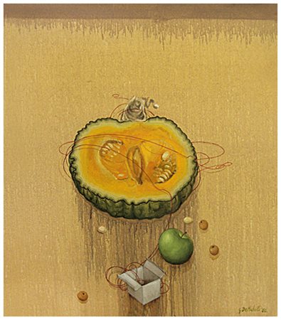 GIOXE DE MICHELI Milano 1947 La zucca e la mela 1982 Olio su juta 80 x 70....