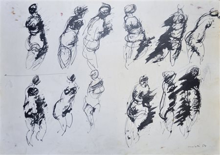 ENNIO MORLOTTI "Figure" 1954, china su carta, 35 x 50 con autentica