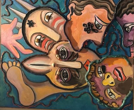 ENRICO BAJ '' Sandokan e Kammamuri''1989 acrilici e collage su tela 60x70...