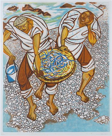 Giuseppe Migneco Messina 1903 - Milano 1997 85x65 cm. "Pescatori", litografia...