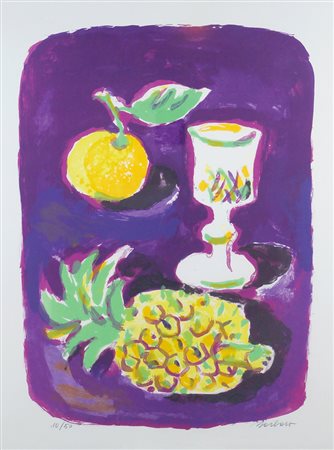 Firma indecifrabile XX Sec. 75x57 cm. "Calice con frutti", litografia a...