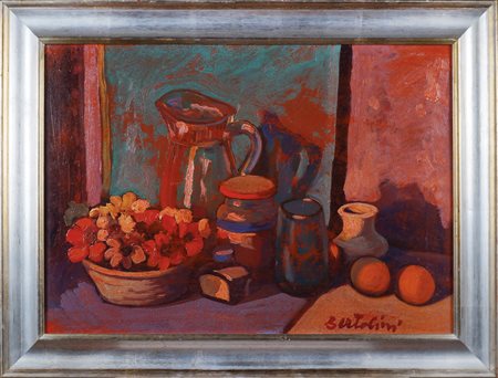 Giuseppe Bertolini Italia, XX Sec. 50x70 cm. "Natura morta con fiori e...