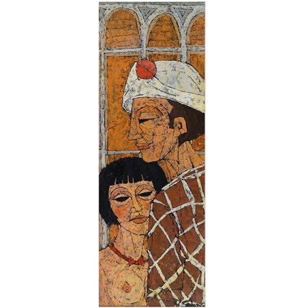 Guido Gomas Italia, XX Sec. 71,5x25,5 cm. "Arlecchino e Colombina", tempera...