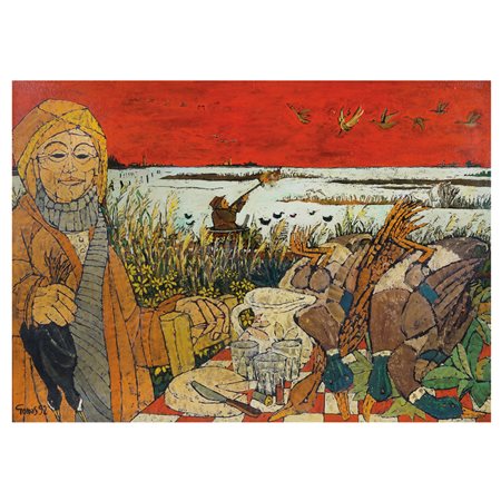 Guido Gomas Italia, XX Sec. 70x100 cm. "Caccia in laguna", tempera su...