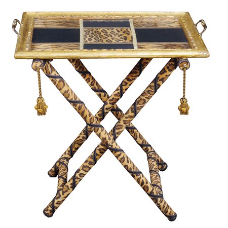 Vassoio con cavalletto animalier XX Sec. 63x62x44 cm. in legno dorato e tessuto