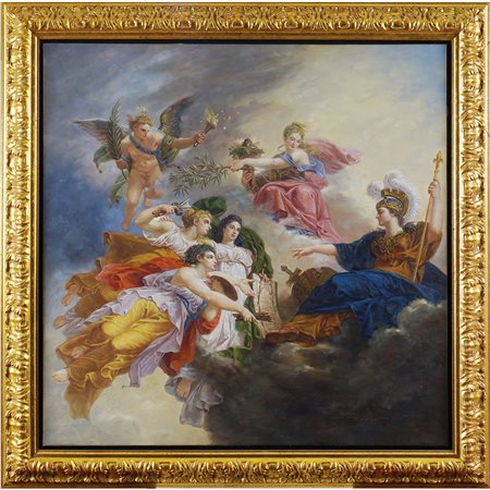 Pittore del XX sec. 90x90 cm. "Minerva e le Arti", olio su tela entro cornice...