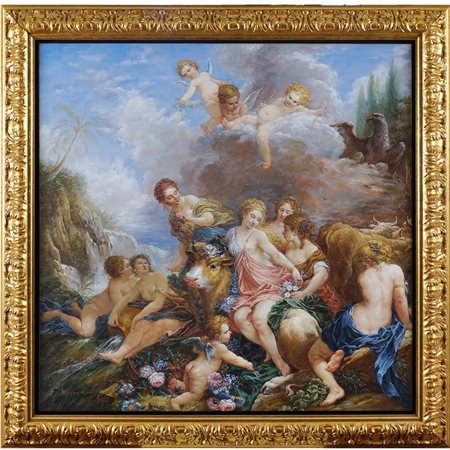 Pittore del XX sec. 90x90 cm. "Ratto d'Europa", olio su tela entro cornice in...