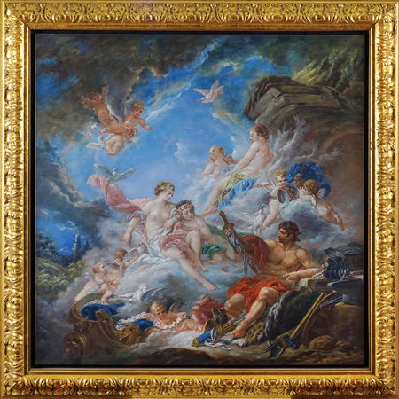 Pittore del XX sec. 90x90 cm. "Efesto e le nereidi Teti e Eurinome", olio su...