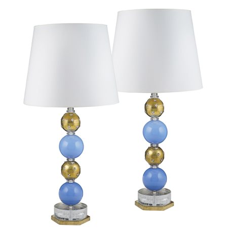 Coppia di lampade in vetro francia, XX Sec. h. 94 cm. stelo composto da...