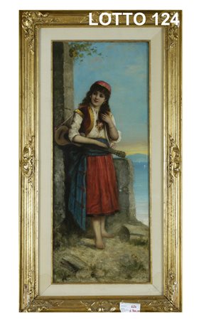 KUGLER XIX° SEC. DIPINTO OLIO SU TELA RAFF. RAGAZZA CON MANDOLINO MIS. 84 X 34