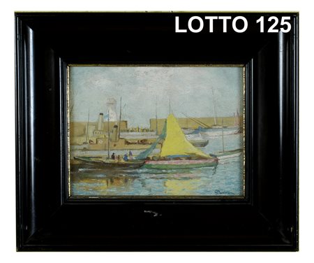 GIUSEPPE BARISON (1853 - 1930) DIPINTO OLIO SU TELA RAFF. BARCHE IN PORTO A...