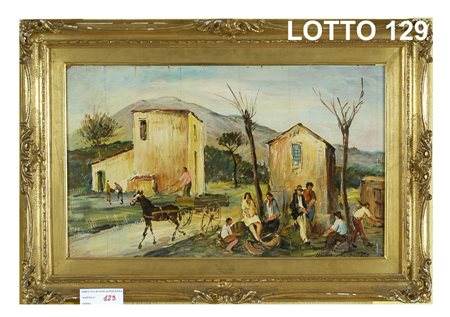 MARIO CORTIELLO (1907 - 1982) DIPINTO OLIO SU TAVOLA RAFF. PAESAGGIO CON...