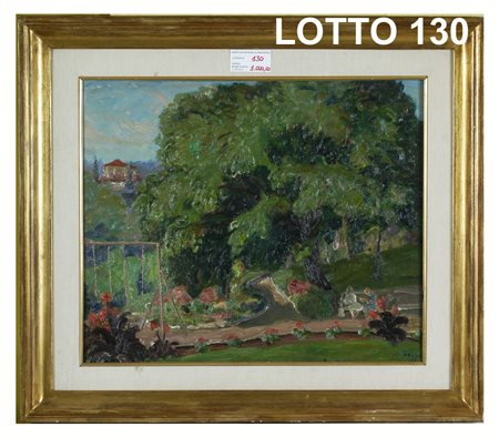 CARLO PRADA (1884 – 1960) DIPINTO OLIO SU CARTONE RAFF. GIARDINO PUBBLICO...