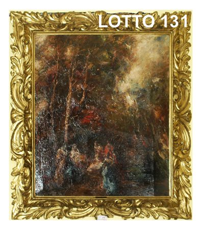 MARIO POBBIATI (1887 - 1956) DIPINTO OLIO SU TELA RAFF. PERSONAGGI NEL BOSCO...
