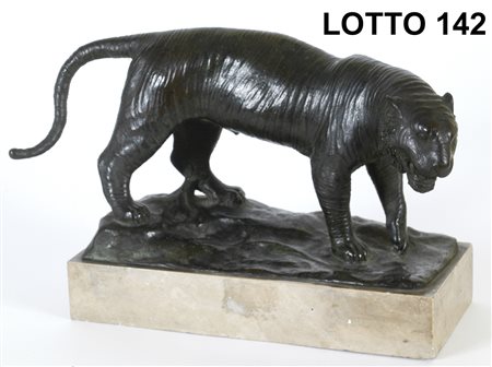 VINCENZO MIGLIARO (1858 – 1938) SCULTURA IN BRONZO RAFF. TIGRE H. 20