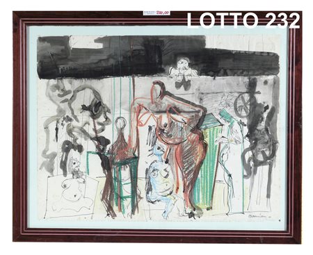 BERNARD DAMIANO (1926 - 2000) ACQUERELLO SU CARTA RAFF. FIGURE ASTRATTE MIS....