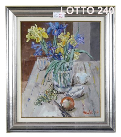 SANDRO ODELLI DIPINTO OLIO SU TAVOLA RAFF. NATURA MORTA CON IRIS MIS. 50 X 60