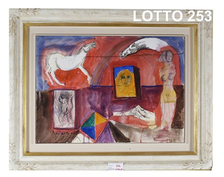 BRUNO CASSINARI (1912 - 1992) DIPINTO TEMPERA SU CARTA RAFF. INTERNO MIS. 50...