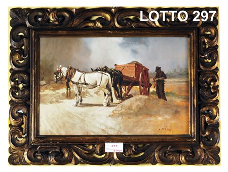 ALFREDO SORESSI (1897 – 1982) DIPINTO OLIO SU TAVOLA RAFF. CAVALLI AL TRAINO...