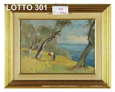 ERNESTO GIACOBBI (1891 – 1964) DIPINTO OLIO SU CARTONE RAFF. PAESAGGIO MARINO...