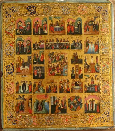 ICONA, Icona dipinta su tavola "16 Feste" Russia XIX sec. cm 35,5x30,5