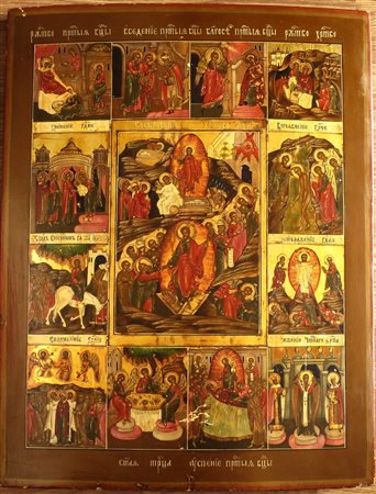 ICONA, Icona dipinta su tavola "12 Feste" Russia XIX cm 49,7x38,6