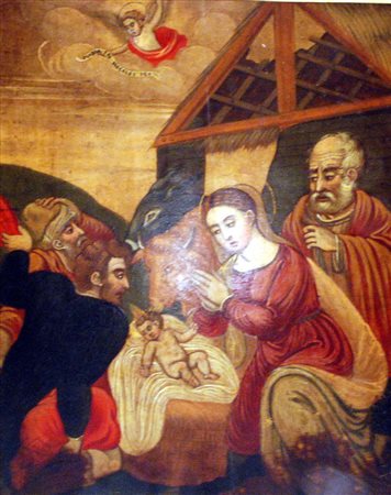 “NATIVITA'”, Dipinto su tavola "Natività" Venetocretese fine XVI inizio XVII...