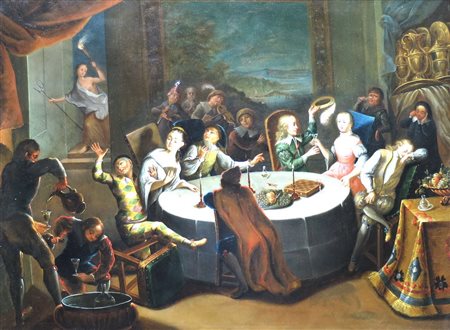 “FIGURE IN FESTA”, Dipinto olio su rame "Figure in festa" Olanda XIX sec. cm...
