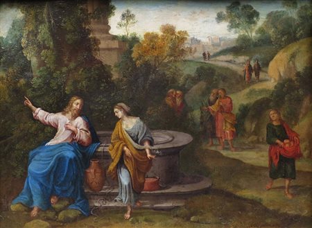 “SAMARITANA AL POZZO”, Olio su rame "Samaritana al pozzo” Roma XVII sec. cm...