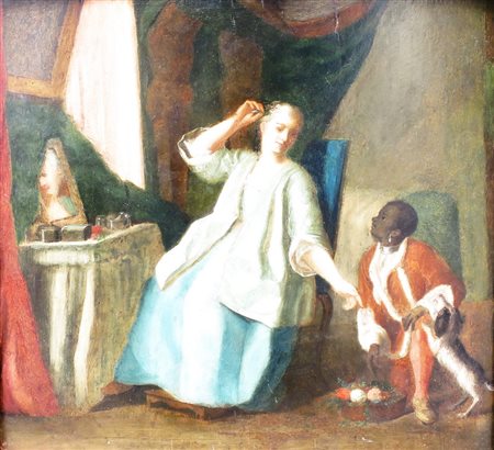 “DAME ALLA TOILETTE”, Olio su tavola "Dama alla toilette" Veneto XIX sec. cm...