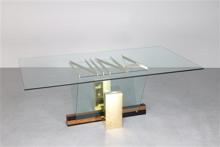 PILLANT MORDECAI Tavolo NINA in legno e ottone con piano e supporti laterali...