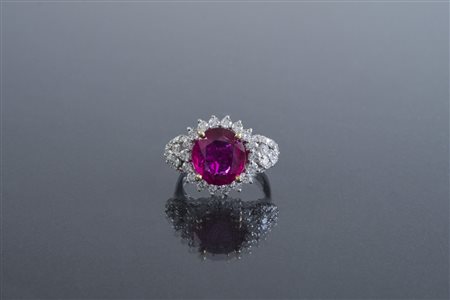 [Nessun Autore] Anello con rubino no heat cts 5.04 diamanti cts 1.45...