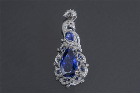 [Nessun Autore] Pendente in oro bianco 18k con tanzanite a goccia 11.70 e...