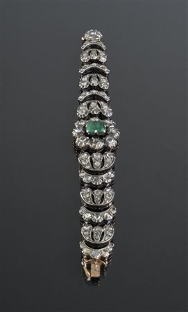[Nessun Autore] Bracciale in oro e argento con diamanti rose cut e smeraldo...