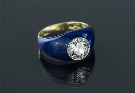 [Nessun Autore] Anello in oro 18 kt e smalto con diamante centrale per cts...