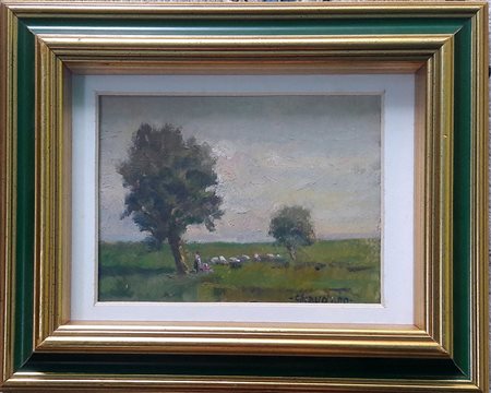 Lotto di 2 opere: - Beppe Chiaudano, "Pastorella con gregge" - Olio su...