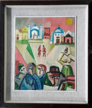 Carlo Loro "Folla in Piazza" - Olio su pannello MDF - cm 29x24 - Firma...