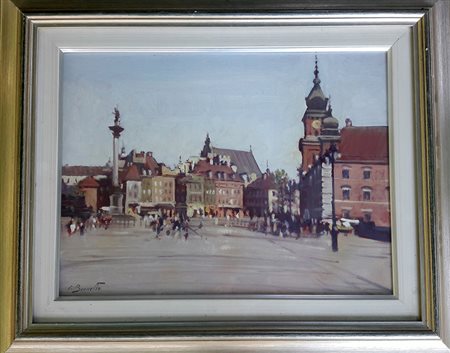 Silvio Brunetto "Davanti a Palazzo Reale, Varsavia" - 1987 - Olio su masonite...