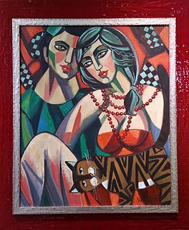 Samuel Veksler "Amanti" - Olio su tela - cm 55x46 - Firma dell'artista in...