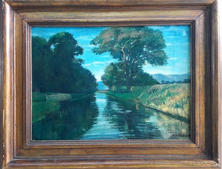 Alphons Hollaender "Paesaggio con canale" - Olio su tela - cm 33x46 - Firma...