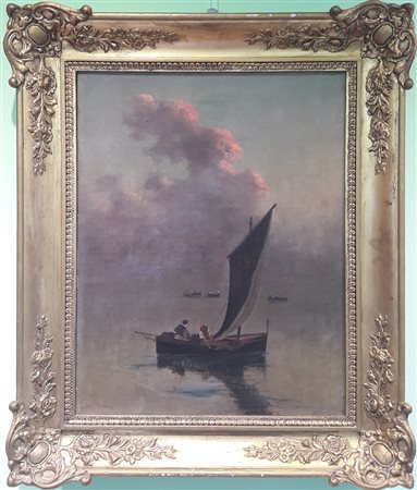 Scuola nordeuropea dell'800 "Barche al tramonto" - Olio su tela - cm 50x40 -...