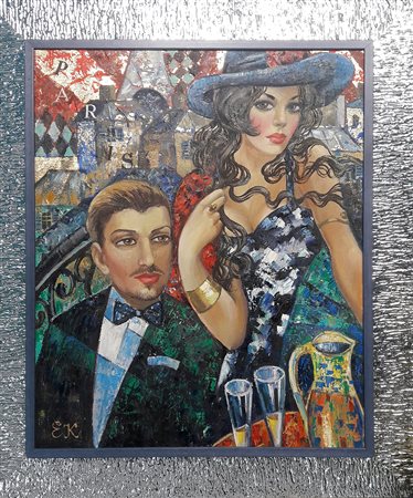 Elena Khmeleva "Brindisi a Parigi" - Olio su tela - cm 65x54 - Firma...