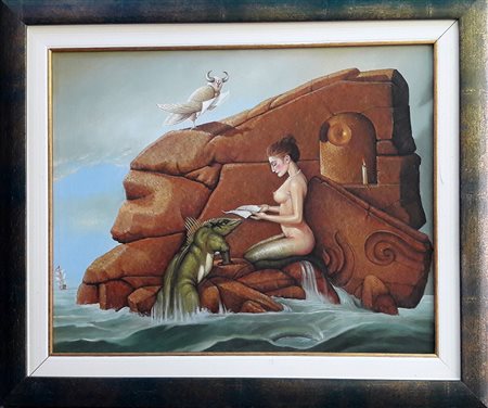 Anonimo "Scena surrealista: la sirena e l'iguana" - Olio su tela - cm 40x50