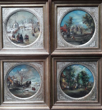 Lotto di 4 Dipinti Olio su rame - dm 16 firma Van Olsen