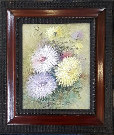 Piero De Ambrosis "Fiori" - Acquerello su carta applicata su cartoncino - cm...