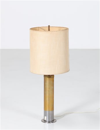 STILNOVO Lampada da tavolo in ottone con paralume in tessuto, anni 50....