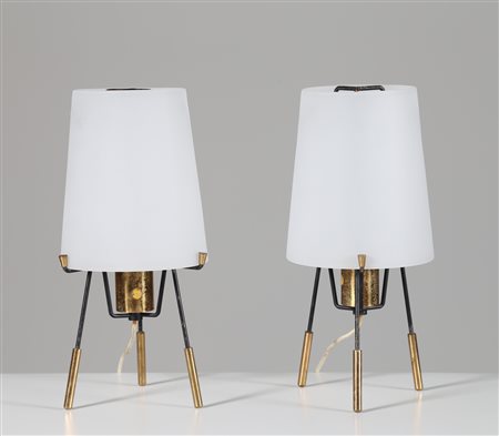 STILNOVO Coppia di lampade da tavolo in ottone metallo e vetro, anni 50,...